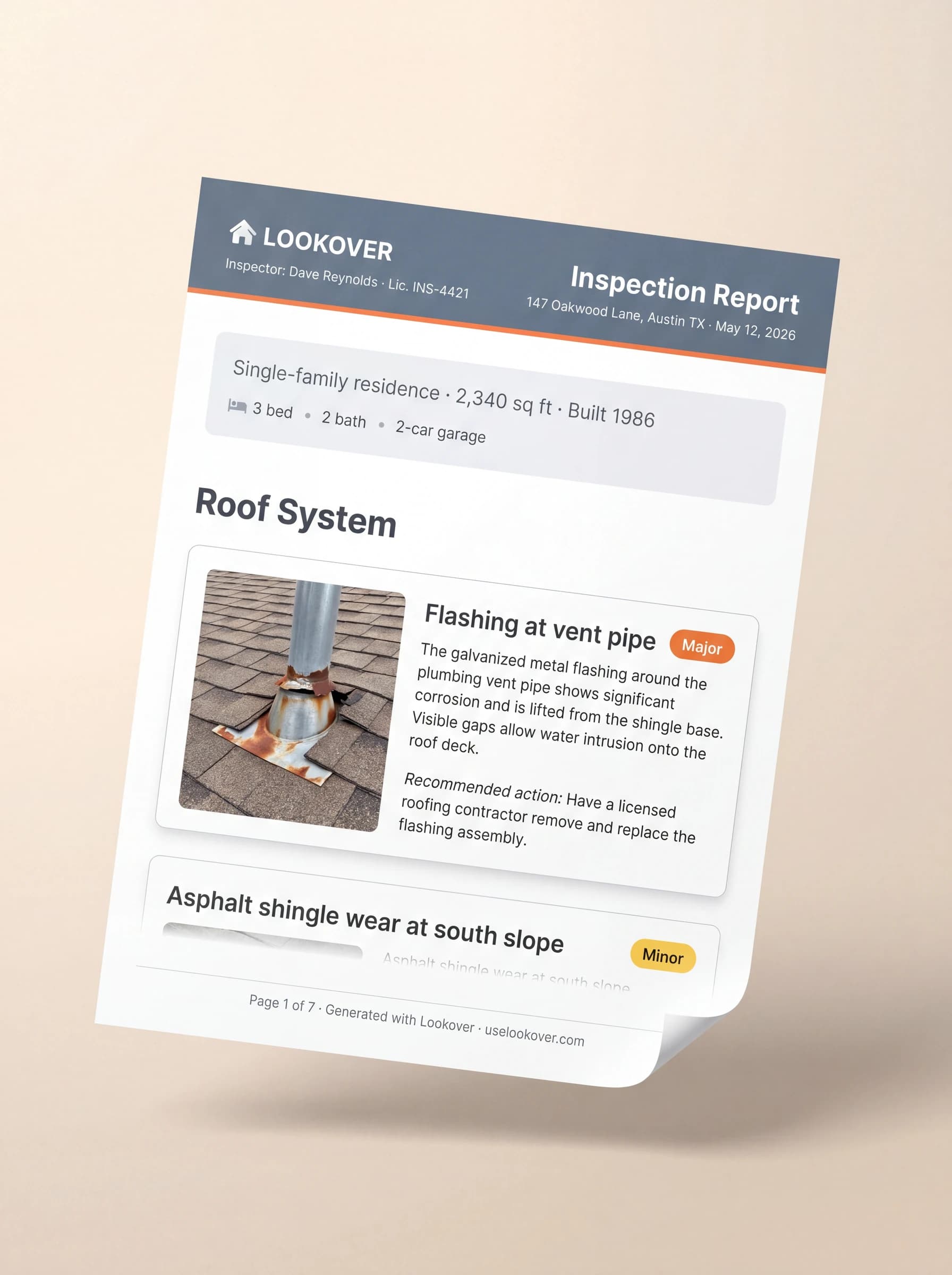 Branded Lookover inspection report PDF, first page — header with inspector name and license, property summary, and a Roof System finding card