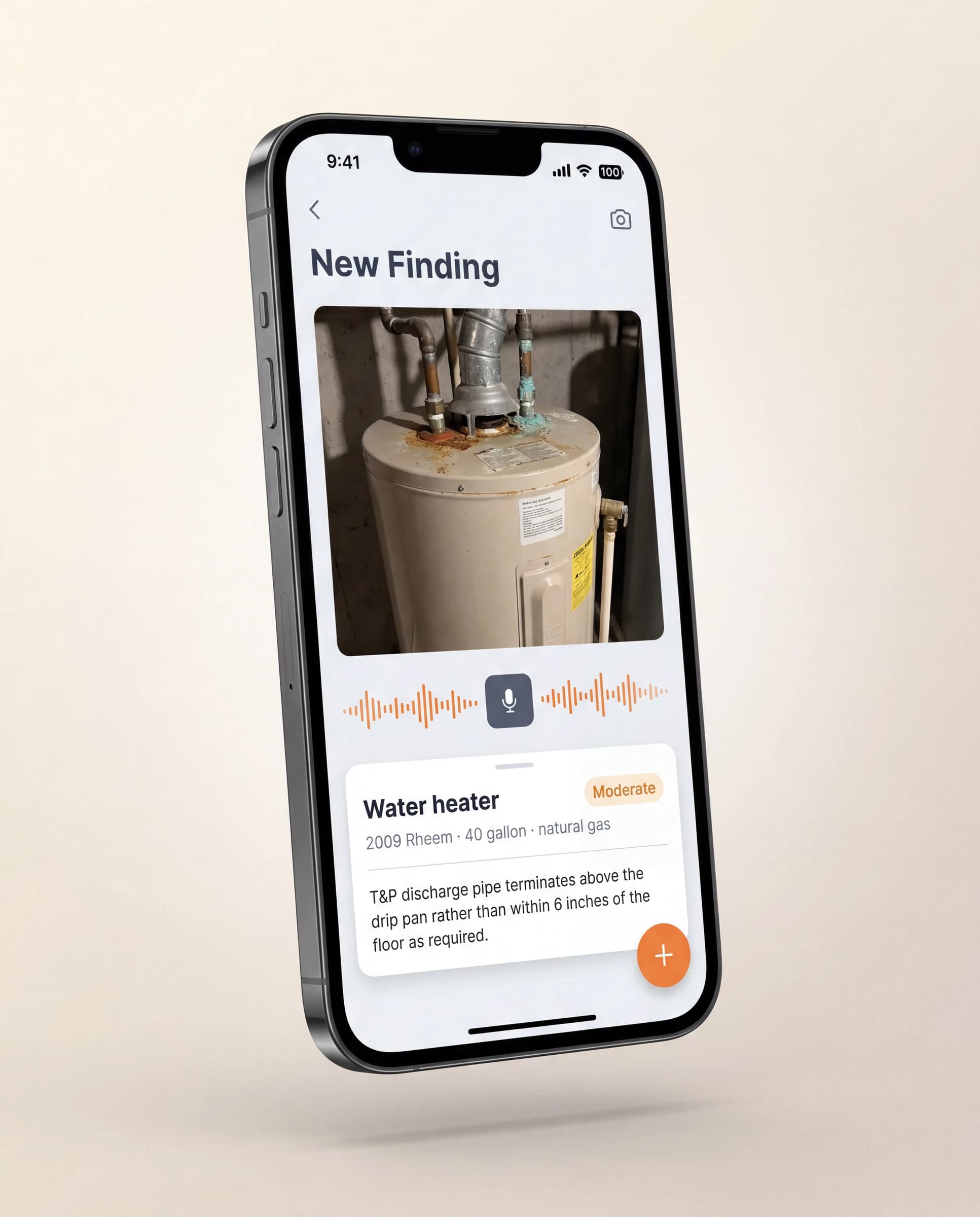 Mobile capture screen showing a water heater photo, voice note waveform, and AI-drafted finding card