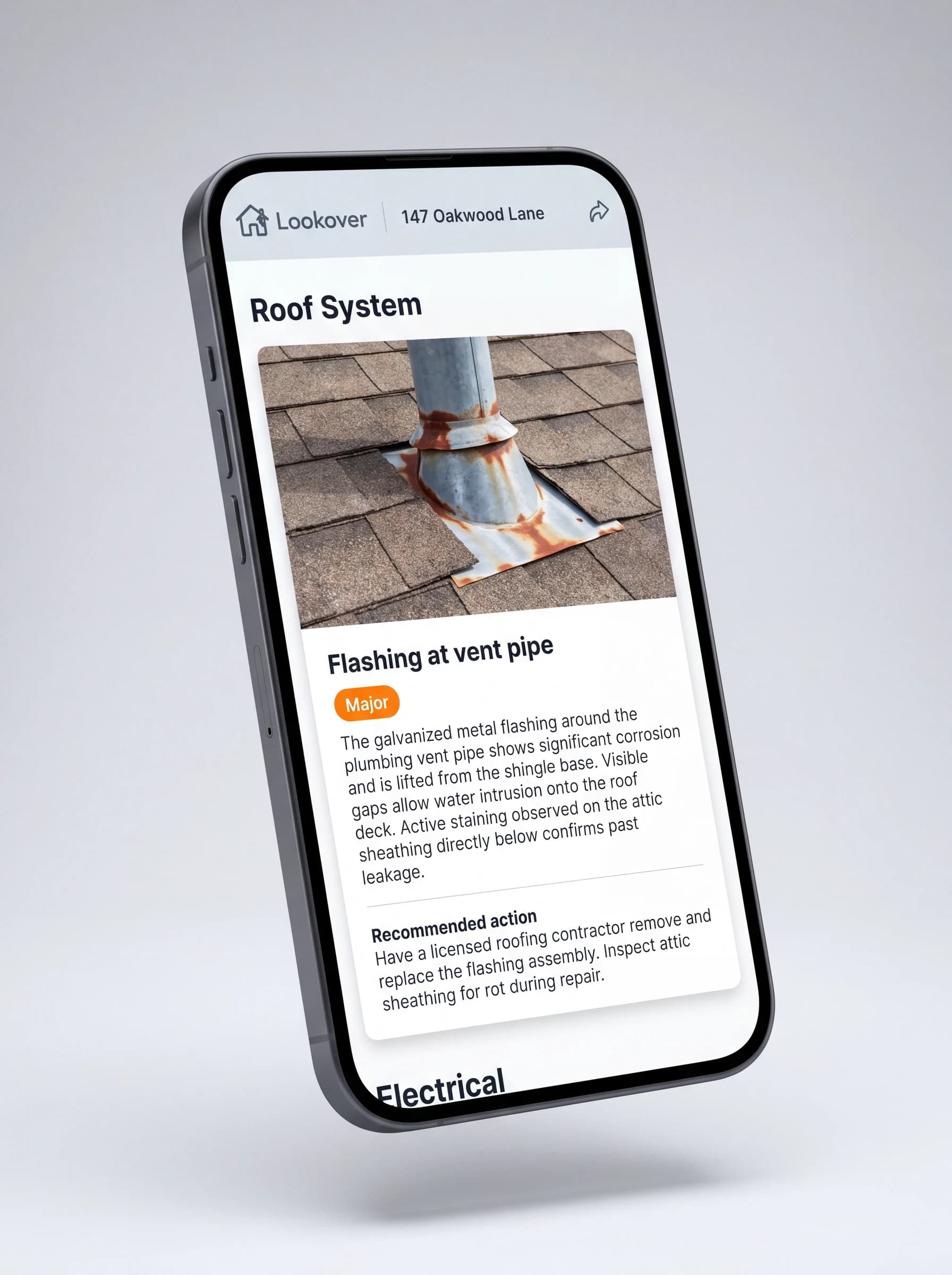 Phone displaying a drafted inspection finding card with severity badge and recommended action